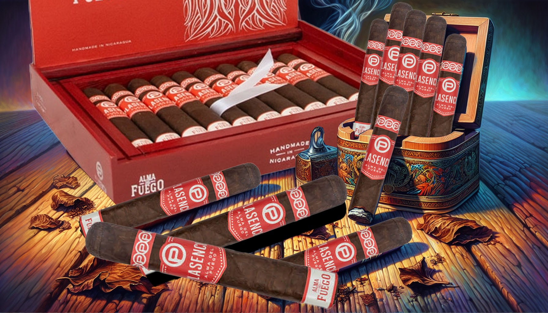 An illustration depicting various Plasencia Alma del Fuego cigars on a wooden table.