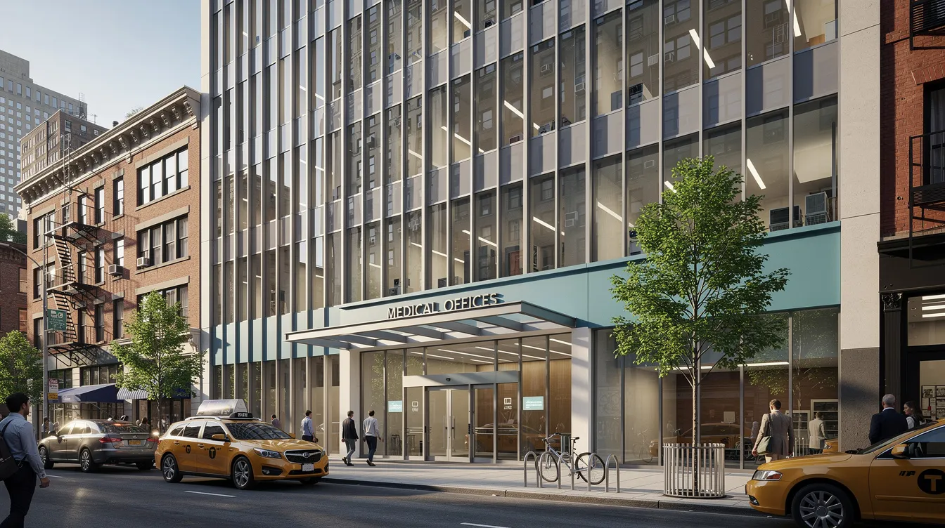 Modern building with large glass windows in a city neighborhood