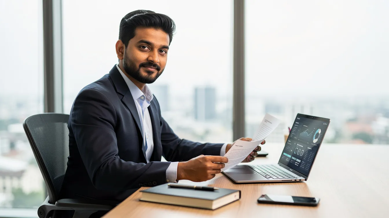 An Indian entrepreneur is seated at a desk, intently reviewing documents while using a laptop, symbolizing the entrepreneurial journey in Madhya Pradesh. This scene reflects the vibrant business environment and the potential for small scale businesses in the region, particularly in sectors like food processing and manufacturing.