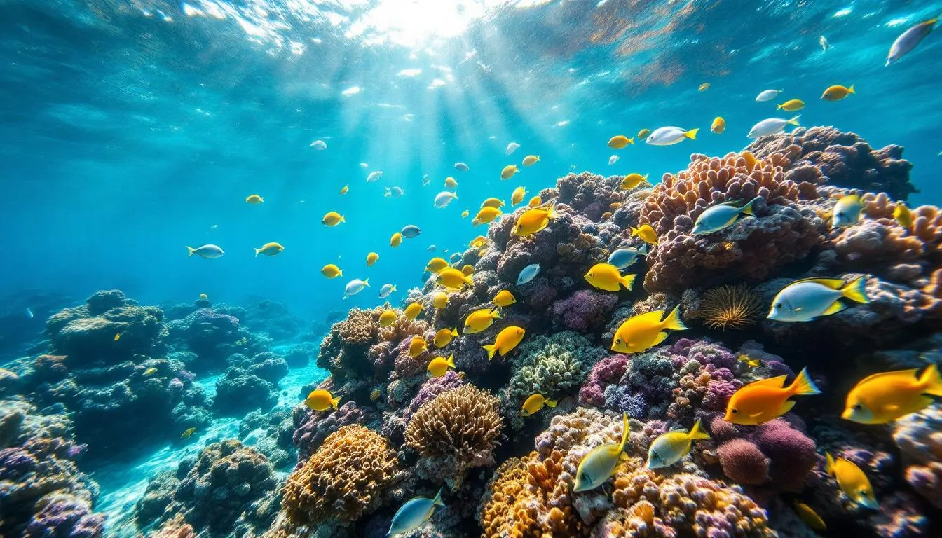 The image depicts a vibrant underwater scene showcasing a colorful coral reef teeming with diverse marine life, including various tropical fish swimming gracefully in crystal clear waters. This picturesque view highlights the beauty of the Red Sea region, making it an ideal destination for scuba diving and luxury yacht charters.