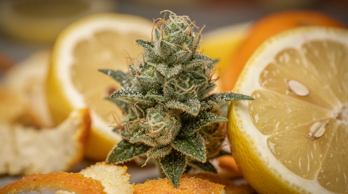 A close-up view of a frosty green cannabis flower, showcasing its dense buds and rich trichomes, is artistically arranged with fresh lemon slices and vibrant citrus peels, highlighting the sweet and tangy aroma that complements the kandy kush strain's sugary sweetness and balanced effects. This visually striking image evokes a sense of relaxation and mood elevation, perfect for those seeking relief from stress and anxiety.