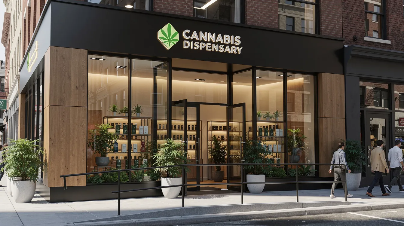 The image shows a modern cannabis dispensary storefront featuring clean signage and a welcoming entrance, situated on a bustling city street. This licensed dispensary is part of New Jersey's legal cannabis market, offering a range of hemp derived products for both medical and recreational use.