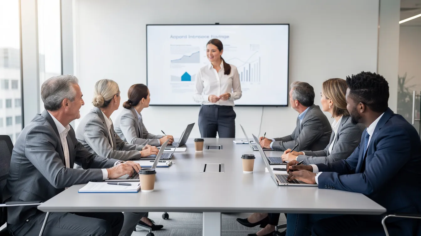 A small group of accounting professionals is engaged in a training session around a conference table, with laptops open and various financial data displayed on their screens. They are likely discussing the integration of AI tools and accounting software to improve efficiency and automate repetitive tasks within their workflows.