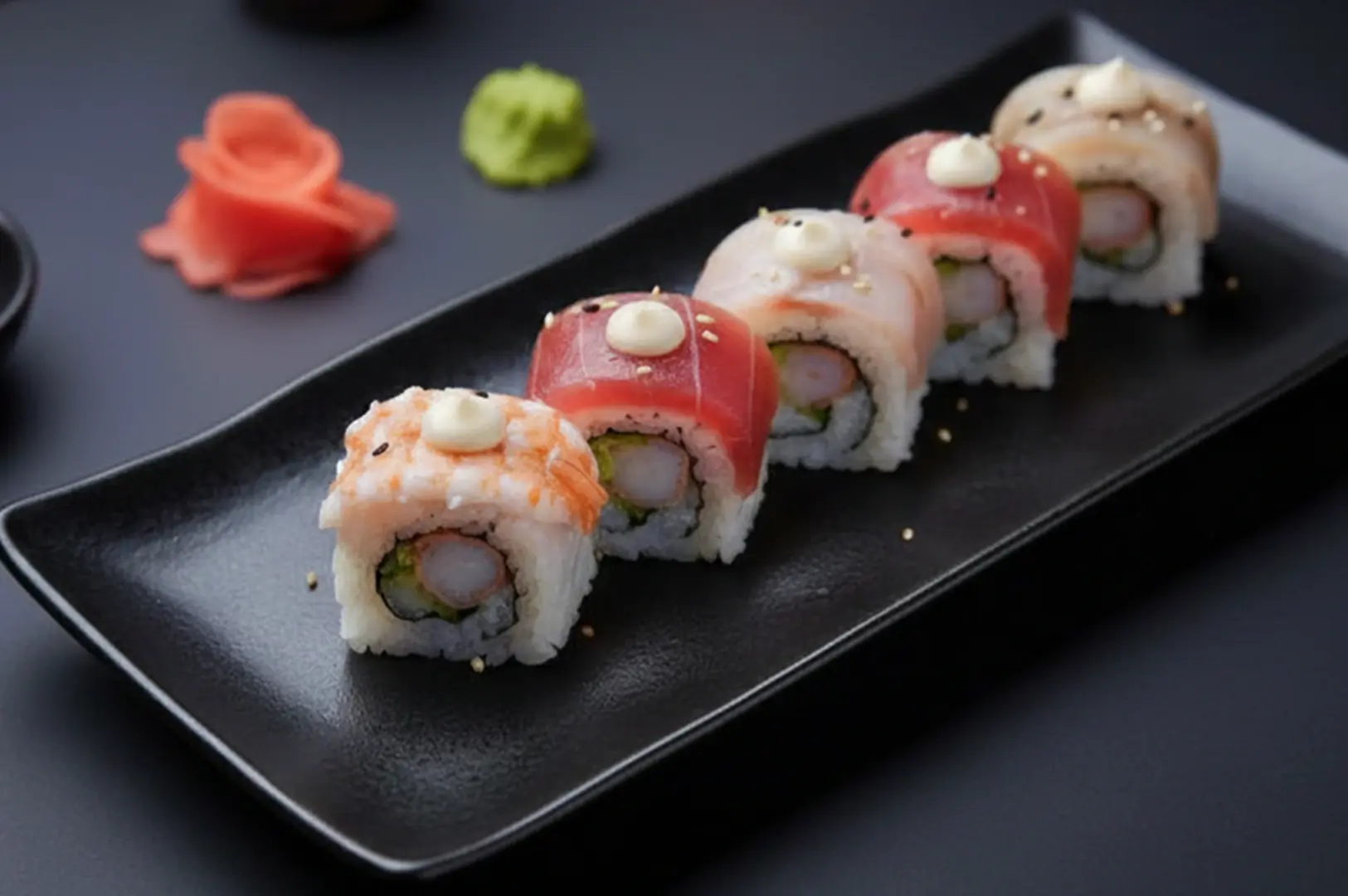 Inside-out shrimp tempura rolls topped with assorted raw fish and cream sauce.