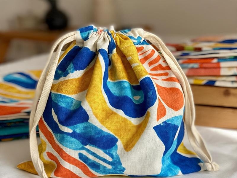 A close-up image of a muslin drawstring bag made from fabric with a bold, colorful pattern in blue, yellow, orange, and white, displayed on a table with other folded fabrics in the background.