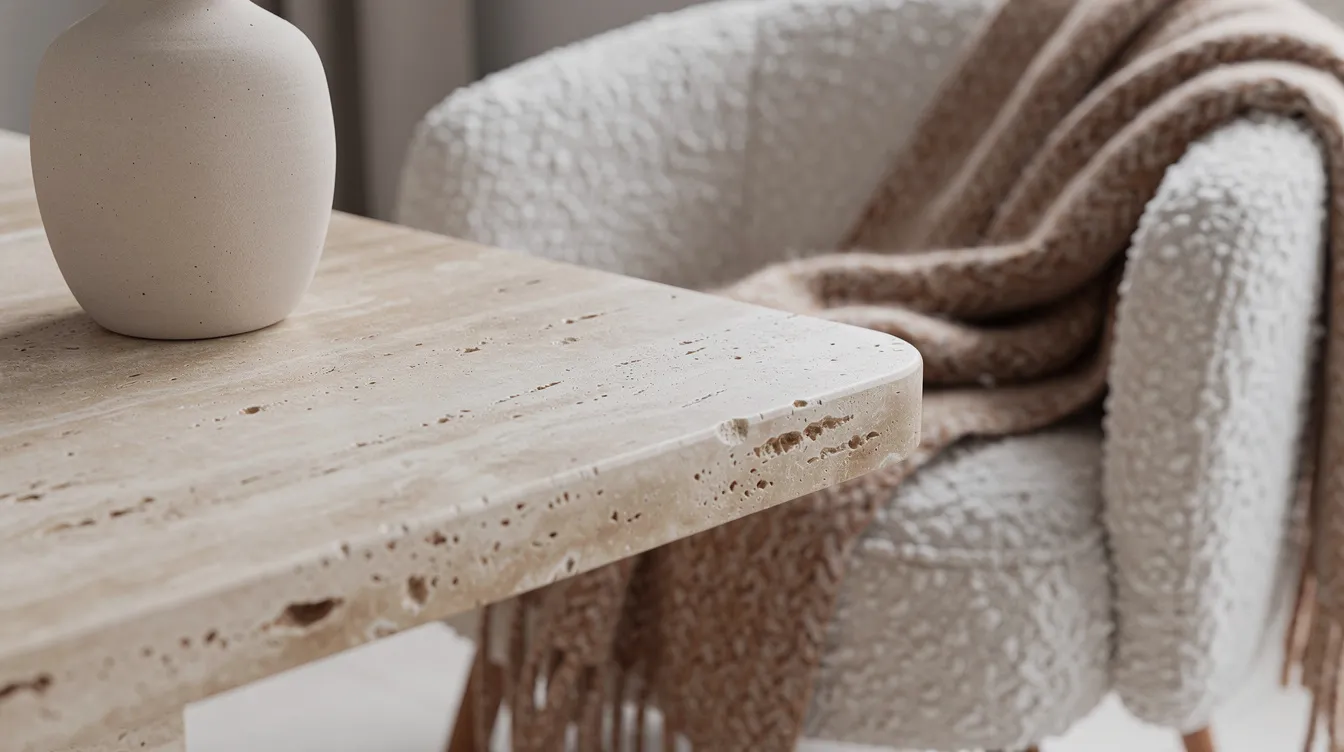 Een close-up van een travertin stenen tafelblad naast een bouclé stoel, bedekt met een wollen plaid en een keramieken vaas. De combinatie van natuurlijke materialen en organische vormen creëert een uitnodigende sfeer in dit moderne interieur.
