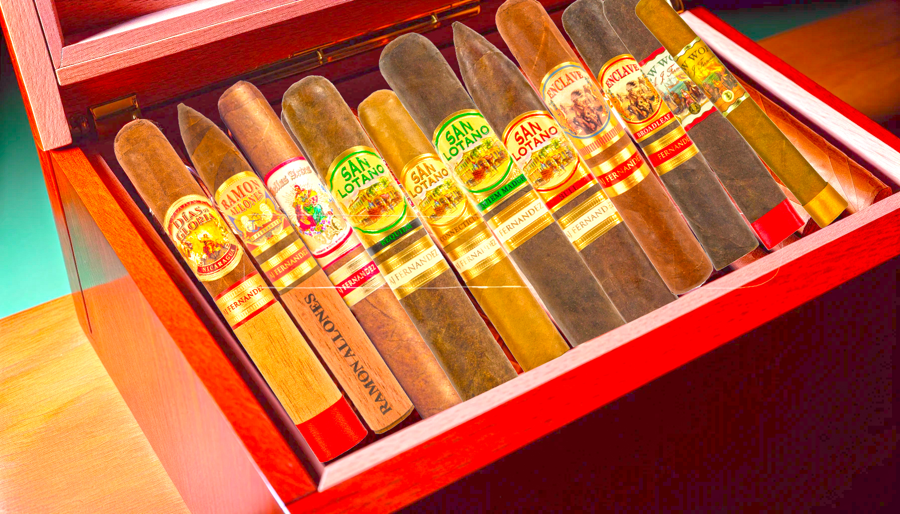 A selection of premium cigars resting in a humidor