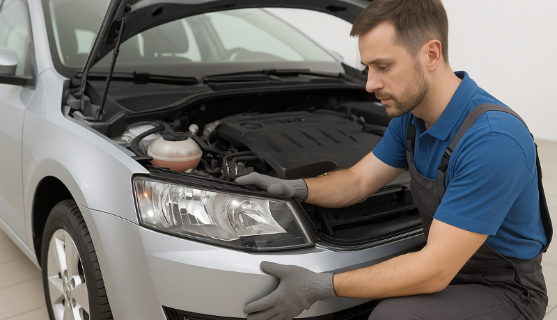 A mechanic is installing car's headlights according to car model and owner's manual