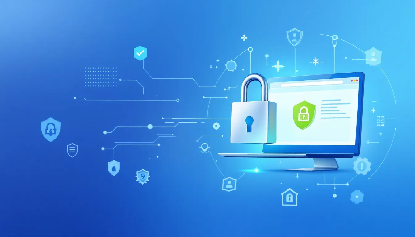 An illustration of secure online practices to protect personal information, including a locked padlock and a computer.