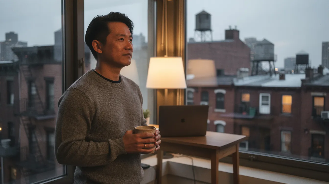 A New York professional pauses with a mug by his apartment window after an online men's group therapy session