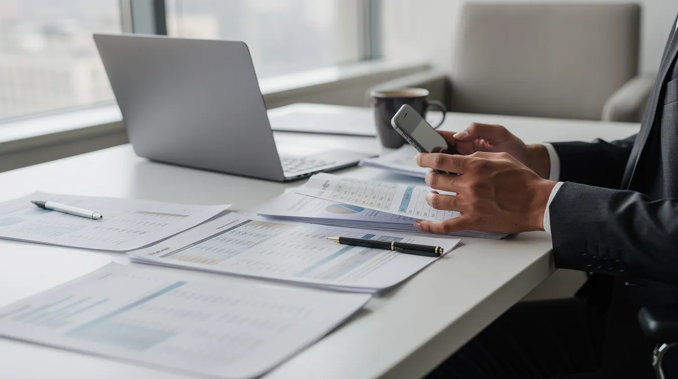 A professional sits at a desk surrounded by financial documents, a phone in hand, as they manage life insurance policies and customer inquiries. The scene conveys a sense of organization and focus, highlighting the importance of details in group life and individual life insurance coverage.