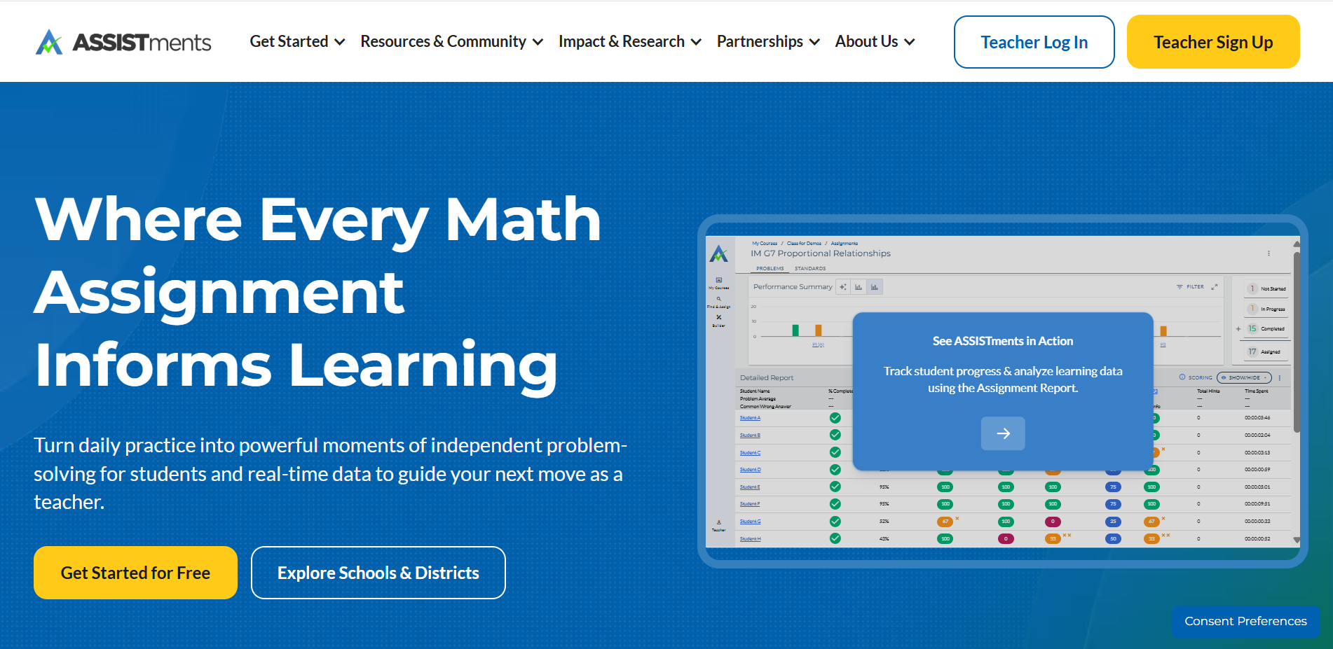 ASSISTments homepage featuring a digital math assessment platform with real-time student progress tracking, learning analytics, and classroom performance insights