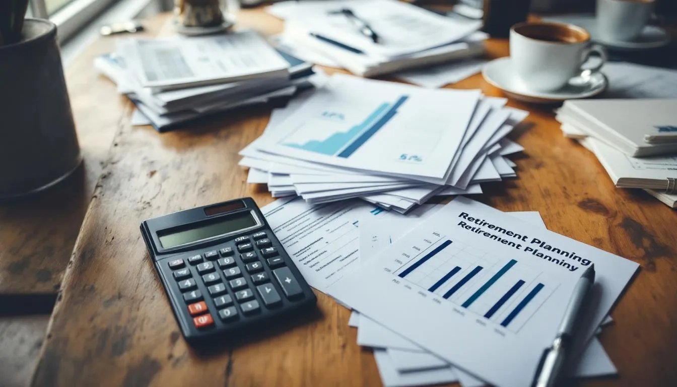A calculator sits atop a desk surrounded by tax documents and retirement planning charts, illustrating the importance of managing taxes and benefits for individuals of diverse ages. This setup emphasizes the need for careful accounting and planning to ensure financial stability and support throughout various life stages.
