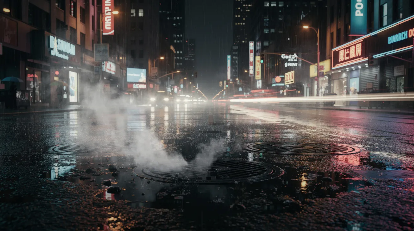 Die düstere, regennasse Straße einer Großstadt bei Nacht erinnert an Ridley Scotts "Blade Runner", mit leuchtenden Neonreklamen, die in den Pfützen auf dem Asphalt reflektiert werden. Dampf steigt aus den Gullys auf und verstärkt die geheimnisvolle Atmosphäre dieser futuristischen Umgebung, die an die Welt von "Do Androids Dream of Electric Sheep?" angelehnt ist.