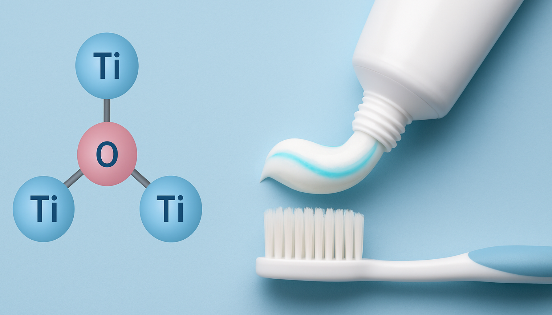 Tannkrem på tannbørste med illustrasjon av titanoksid som viser stoffet brukt i tannkrem.