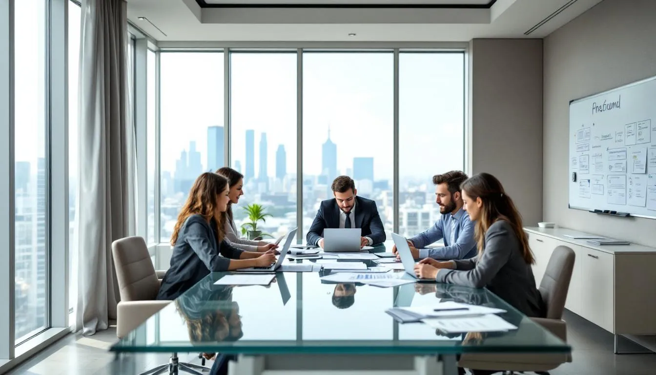 In a conference room, the hotel management team is gathered around a table, reviewing important documents related to the hotel pre-opening process, including the detailed pre-opening budget and operational plans essential for a successful opening. The atmosphere is focused as they discuss strategies to streamline hotel operations and enhance the guest experience for future guests.