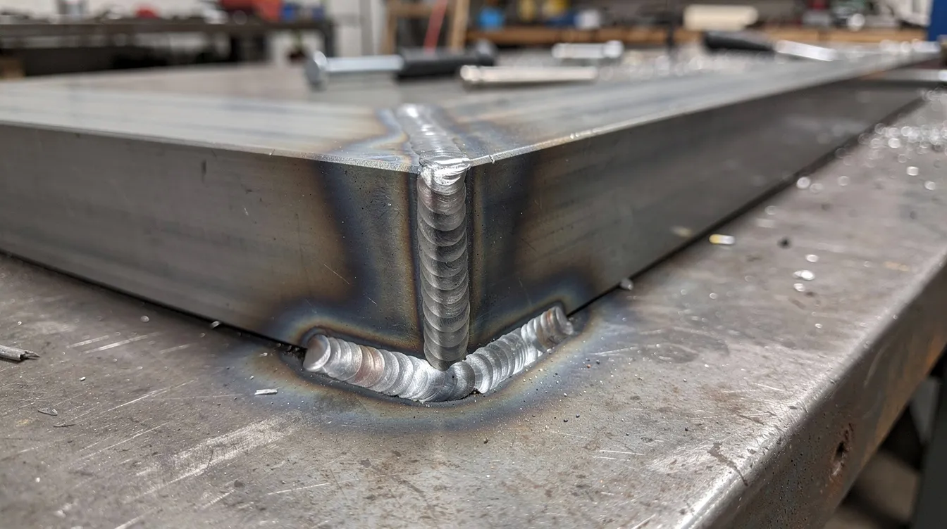 The image shows a completed welded steel bracket joint on a workbench, highlighting clean and precise weld beads achieved using a multi-process MIG welder like the Arccaptain MIG 200. The well-defined welds demonstrate excellent welding efficiency and control, indicative of a professional welder's skill.