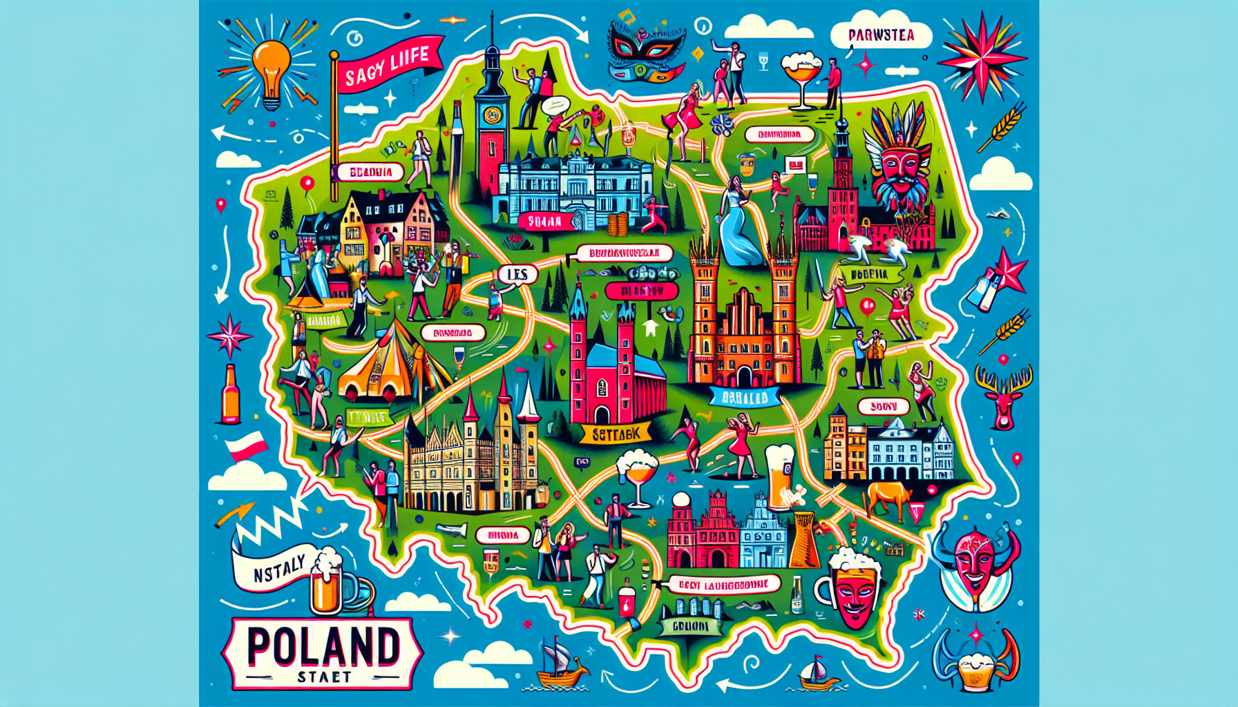 En illustration, der fremhæver de bedste byer i Polen til en JGA-weekend.