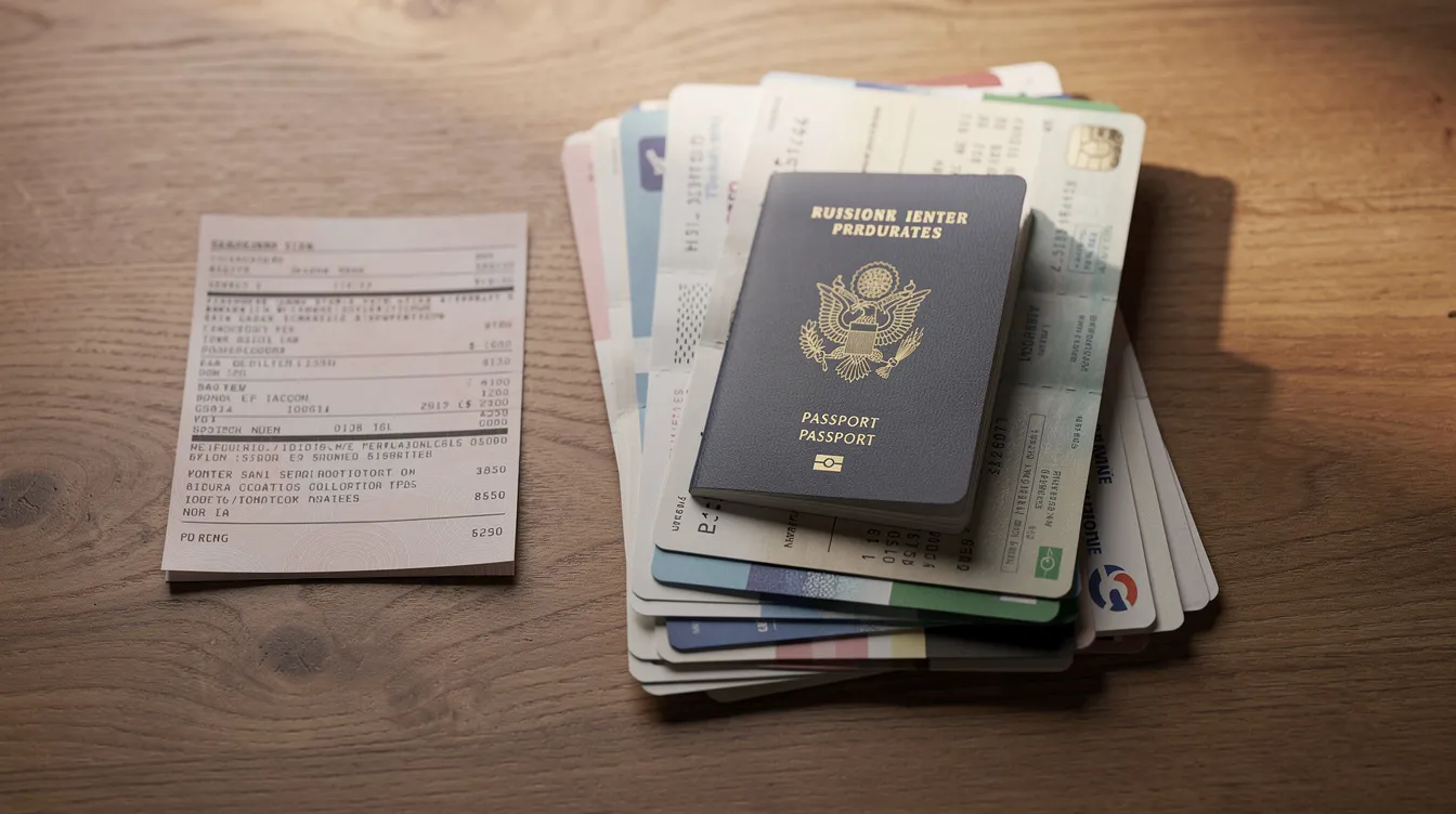 The image shows a neatly organized stack of travel documents, including a passport, bank statements, and other important papers, all placed on a wooden table. This arrangement suggests preparation for a visa application process, possibly related to an Ireland visa application or tourist visa.
