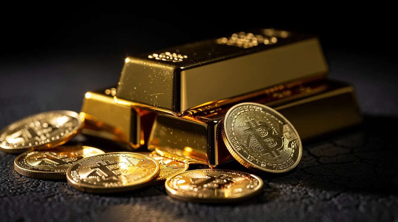 Auf einem dunklen Untergrund glänzen mehrere Goldbarren und Goldmünzen im Licht, die als wertvolle Anlageformen für Investoren dienen. Diese physische Goldpräsenz symbolisiert Sicherheit und Werterhalt in Krisenzeiten und ist ein beliebtes Thema für Geldanlagen.