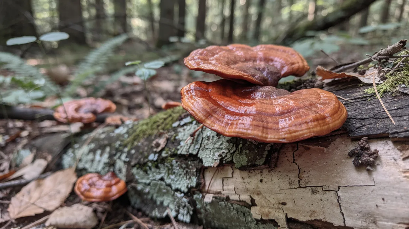 A close-up photograph showcases reddish-brown reishi mushrooms, also known as Ganoderma lucidum, growing on the side of a decaying hardwood log in a forest. These medicinal mushrooms are celebrated for their potential health benefits, including immune system support and antioxidant properties.