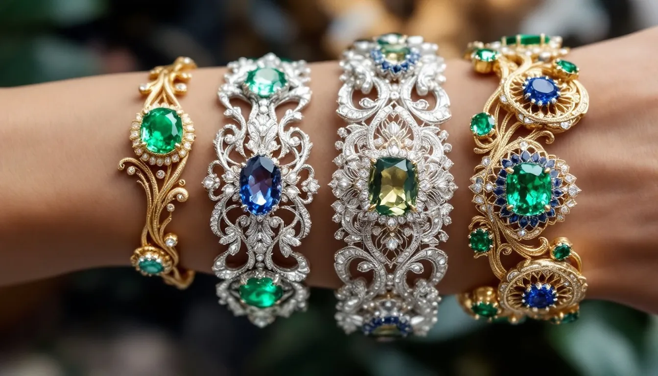 Différents matériaux utilisés pour des bracelets trèfle, y compris or et argent.