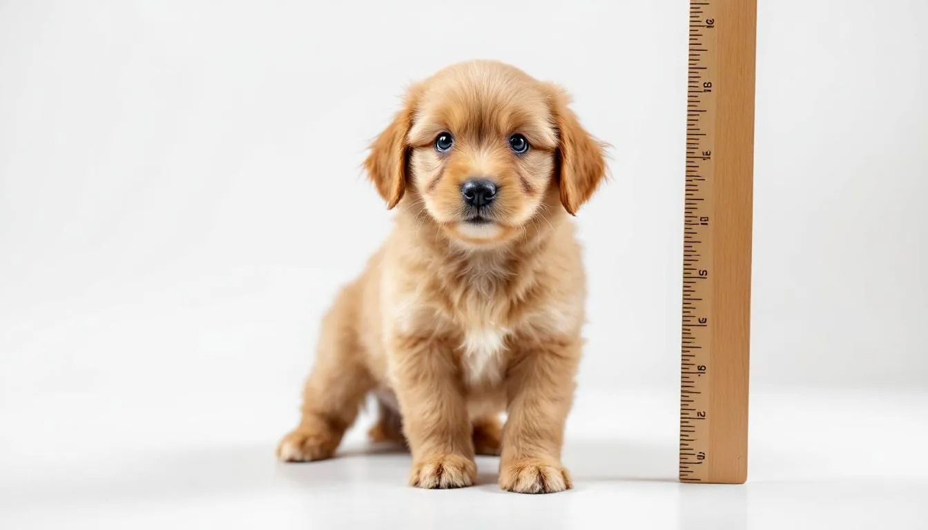 A teacup goldendoodle stands next to a ruler, showcasing its petite stature and small height, which emphasizes its adorable appearance as a full-grown tiny dog. This charming companion is known for its hypoallergenic coat and friendly nature, making it an excellent choice for families and those in smaller living spaces.