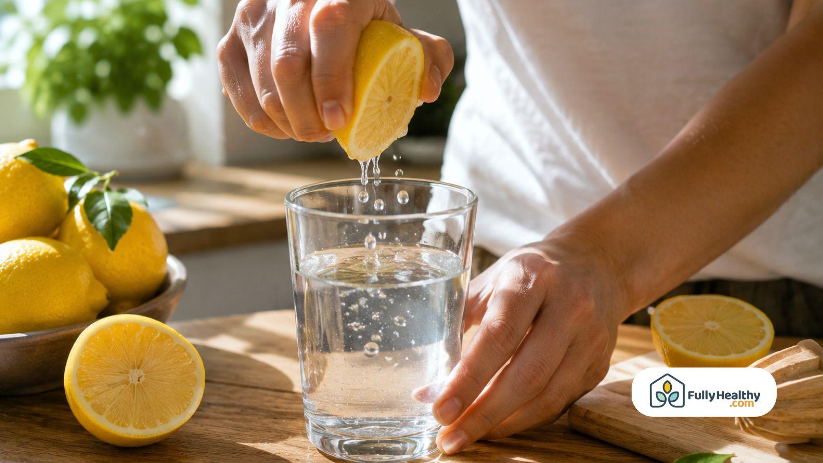 Hands squeezing fresh lemon into water for a simple healthy morning drink