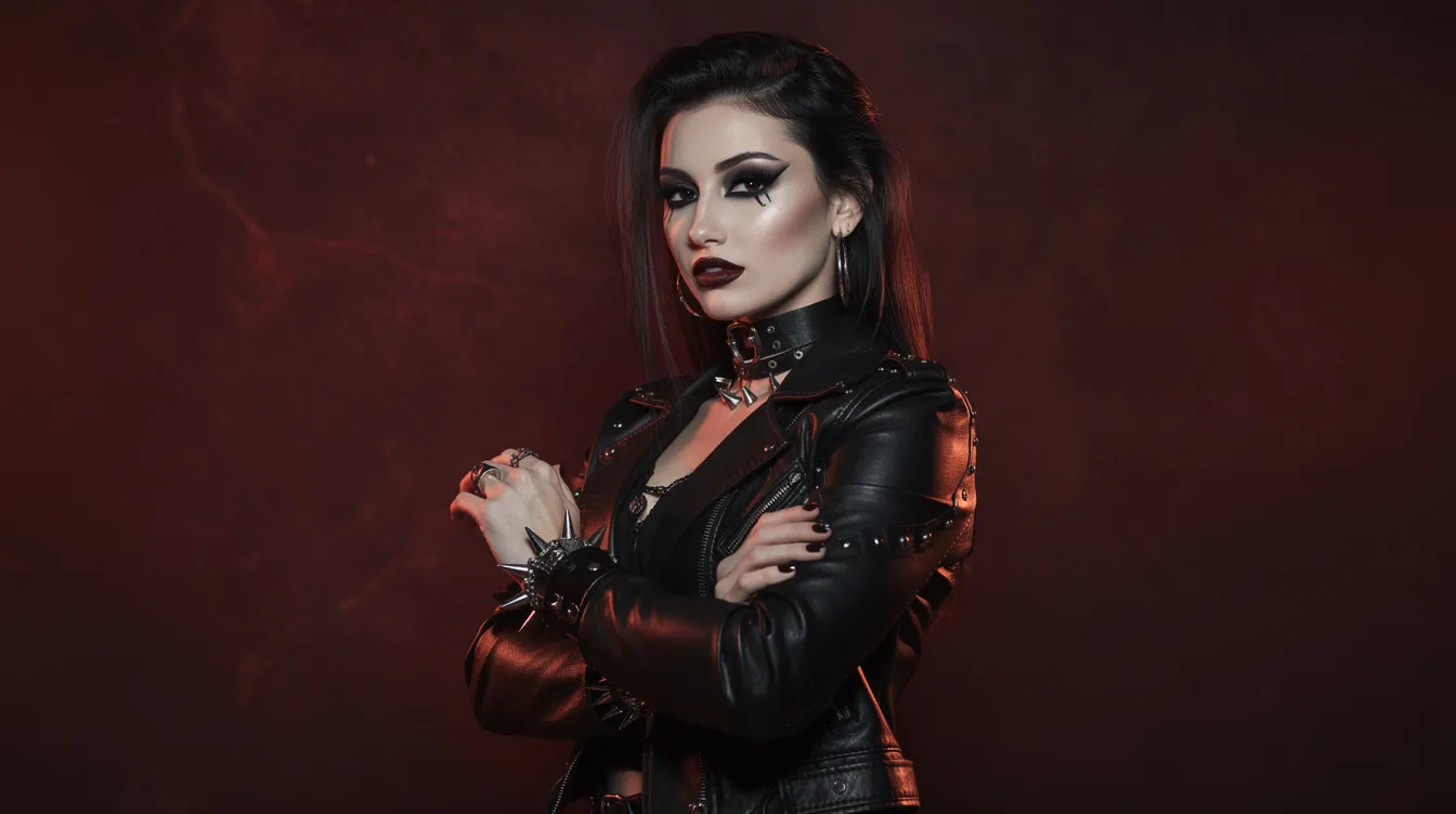 A confident woman with dark gothic makeup and leather accessories poses dramatically under moody red lighting, exuding a playful energy. Her unique style captures the essence of free creators, inviting viewers to explore her captivating presence.
