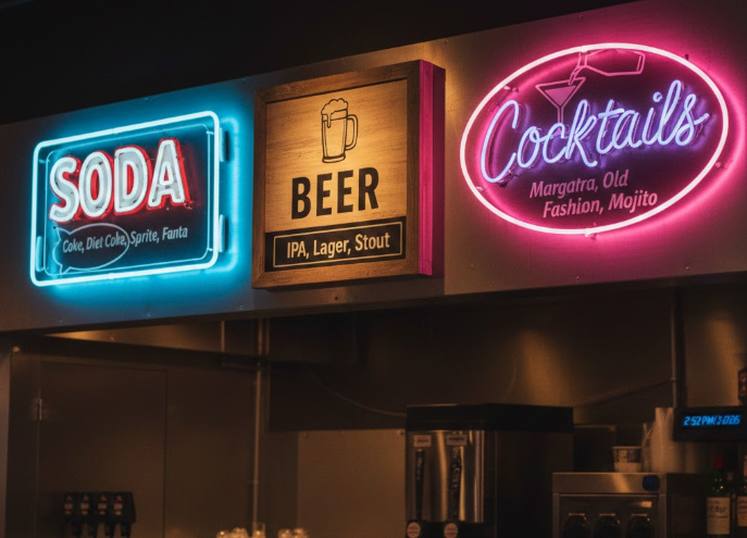 Drink station signs for soda, beer, and cocktails