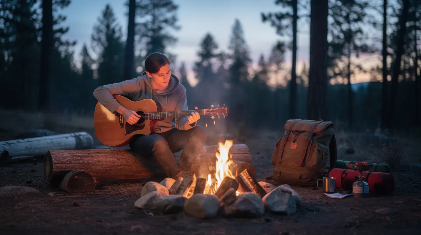 A person is playing an acoustic guitar beside a campfire at dusk, surrounded by a travel backpack and camping gear. The warm glow of the fire highlights the musician's relaxed demeanor as they strum their instrument, creating a soothing sound that enhances the peaceful outdoor atmosphere.