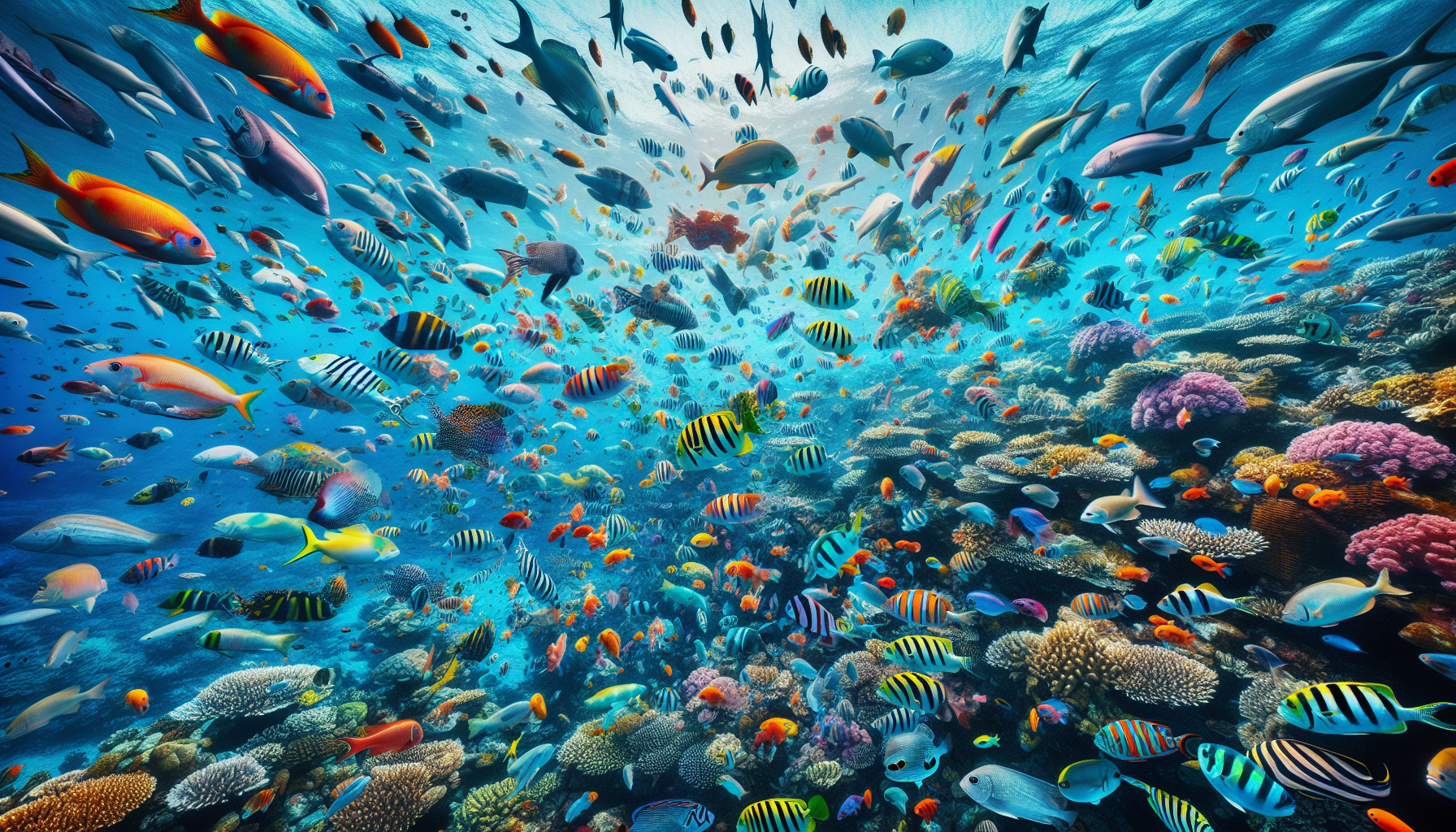 Colorful schools of fish in a thriving ocean ecosystem