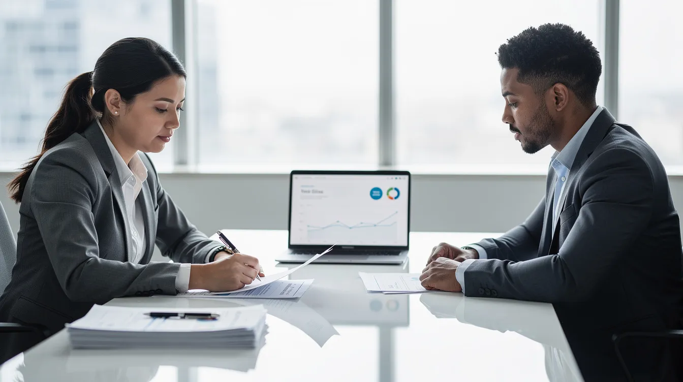 A professional couple is sitting at a table, reviewing financial documents together with an open laptop, likely discussing their loan application and financial situation. The scene suggests they are considering options for low-interest loans, possibly for public servants and professionals, as they analyze terms and repayment plans.