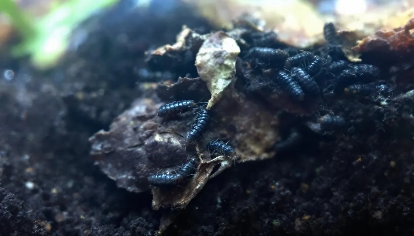 A close-up view captures dwarf white isopods and tropical white springtails coexisting peacefully on decaying leaf litter within a terrarium substrate, surrounded by organic detritus and decaying plants. This bioactive setup showcases the harmonious relationship between these species, thriving in the moist, humid conditions of their environment.