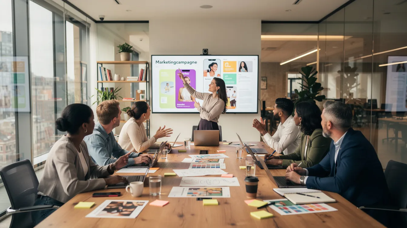 In een vergaderruimte bespreekt een team van online marketeers een nieuwe marketingcampagne, waarbij ze zich richten op zoekmachine adverteren (SEA) en de impact van specifieke zoekwoorden op organische zoekresultaten. Ze delen ideeën over het optimaliseren van advertenties en het vergroten van online zichtbaarheid om potentiële klanten te bereiken.