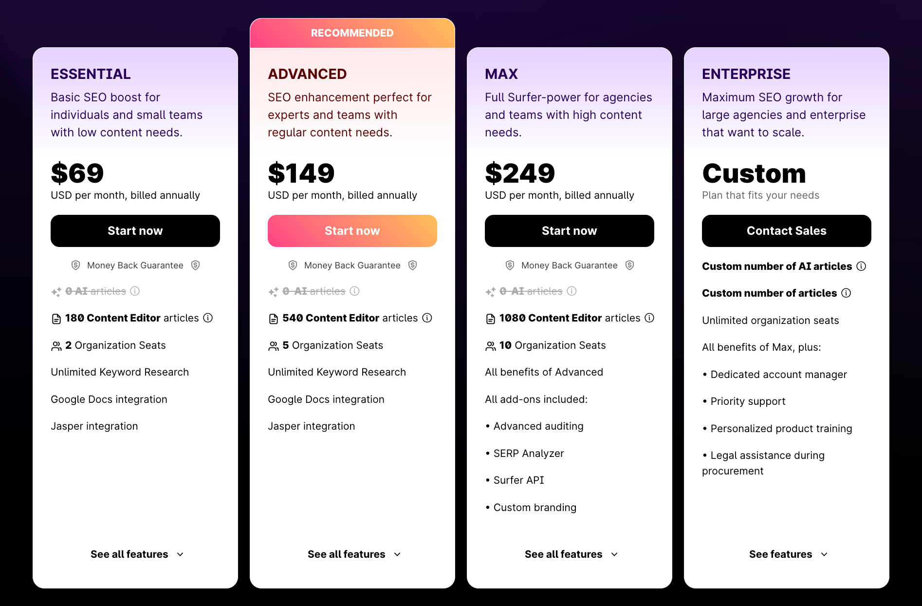 Surfer SEO pricing plans