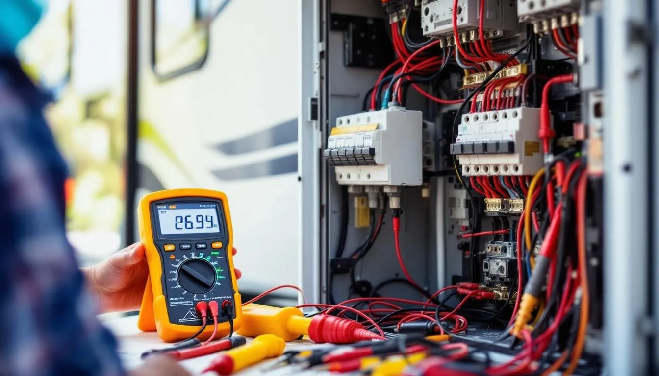 An RV electrical panel is displayed alongside testing equipment and a multimeter, illustrating a diagnostic process often performed by certified technicians to address RV issues. This scene emphasizes the importance of professional maintenance and repair services for RV owners to ensure safety and confidence while enjoying the RV lifestyle.