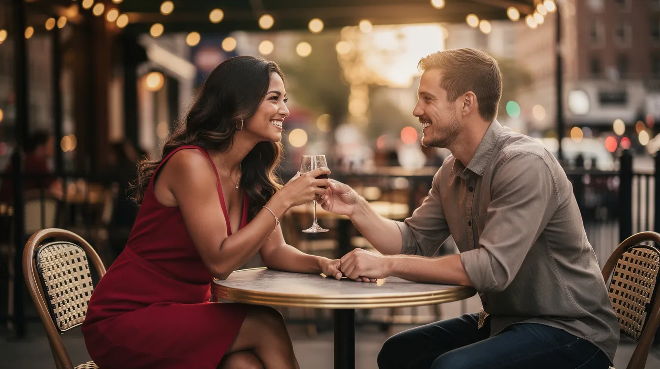 A Latina woman and a white man are enjoying a date at a cozy restaurant, sharing a meal and laughing together, showcasing the beauty of cultural diversity in relationships. Their affectionate body language reflects the warmth and passion often found in Latin culture, highlighting the connection between different backgrounds.