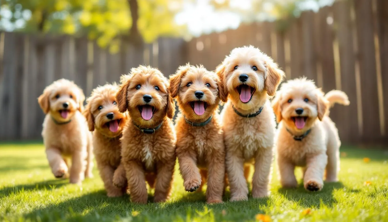 In a sunny backyard, a family of mini goldendoodles showcases their varying coat types and sizes, highlighting the playful and affectionate nature of these adorable puppies. The scene captures the joy of having a mini goldendoodle as a new family member, perfect for families with children and other pets.