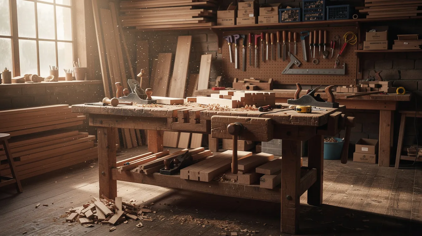 L'image montre un atelier de menuiserie avec un établi en bois, où se trouvent divers outils manuels et des pièces de bois en cours de travail. Cet espace reflète le savoir-faire d'un menuisier à Rezé, dédié à la fabrication de meubles et de structures en bois.