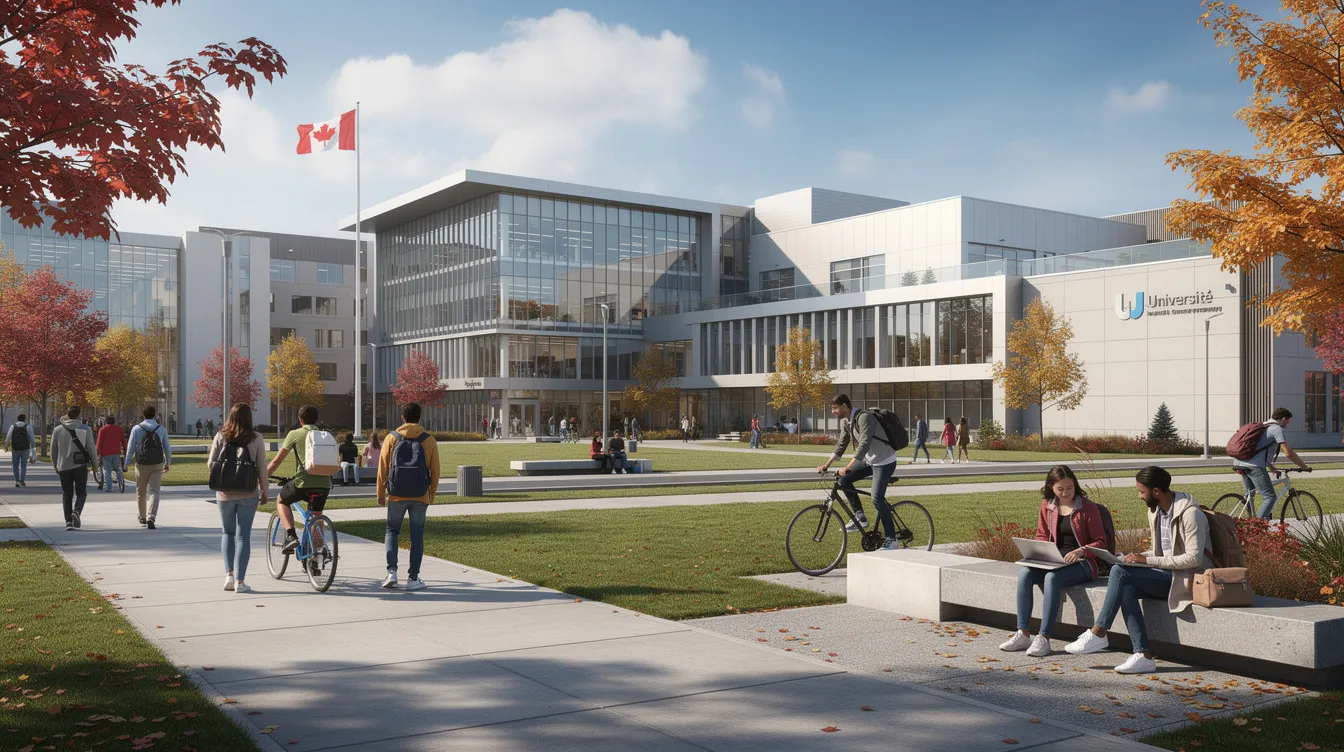 L'image montre un campus universitaire canadien animé, avec des bâtiments modernes entourés d'étudiants en train de discuter et de se déplacer. Ce cadre est idéal pour ceux qui souhaitent étudier au Canada et qui envisagent de faire une demande de permis d'études.