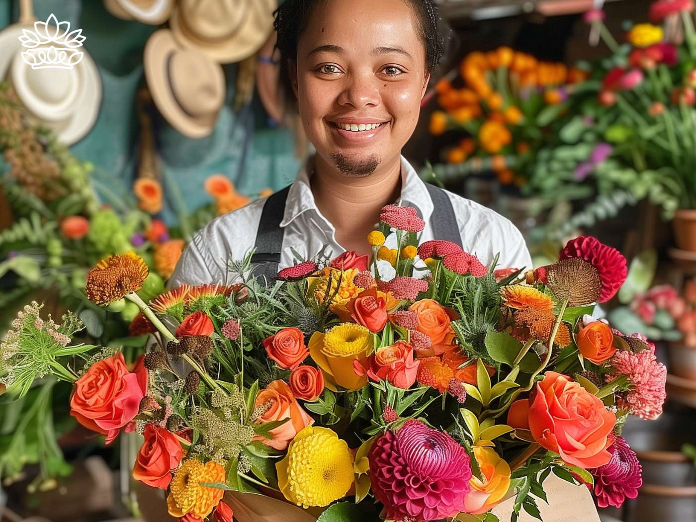 Joyful floral designer presenting a sumptuous congratulations gift bouquet of flowers, with a vivid array of orange roses, yellow blooms, and deep pink dahlias, in a bustling, vibrant flower shop—Fabulous Flowers and Gifts."