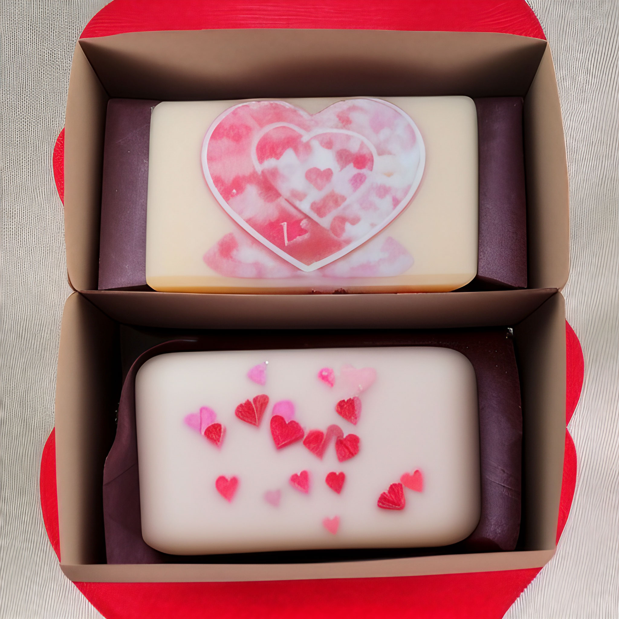 pink valentine's day soap as gifts in a box with simple, festive colors 