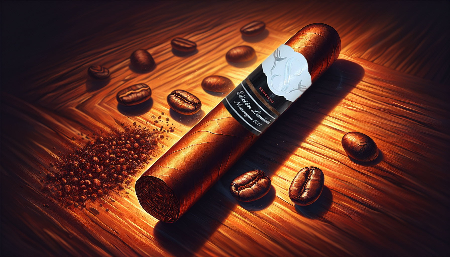 An artistic representation of a Sencillo Black Robusto cigar with coffee beans and cocoa powder, symbolizing robust flavor.