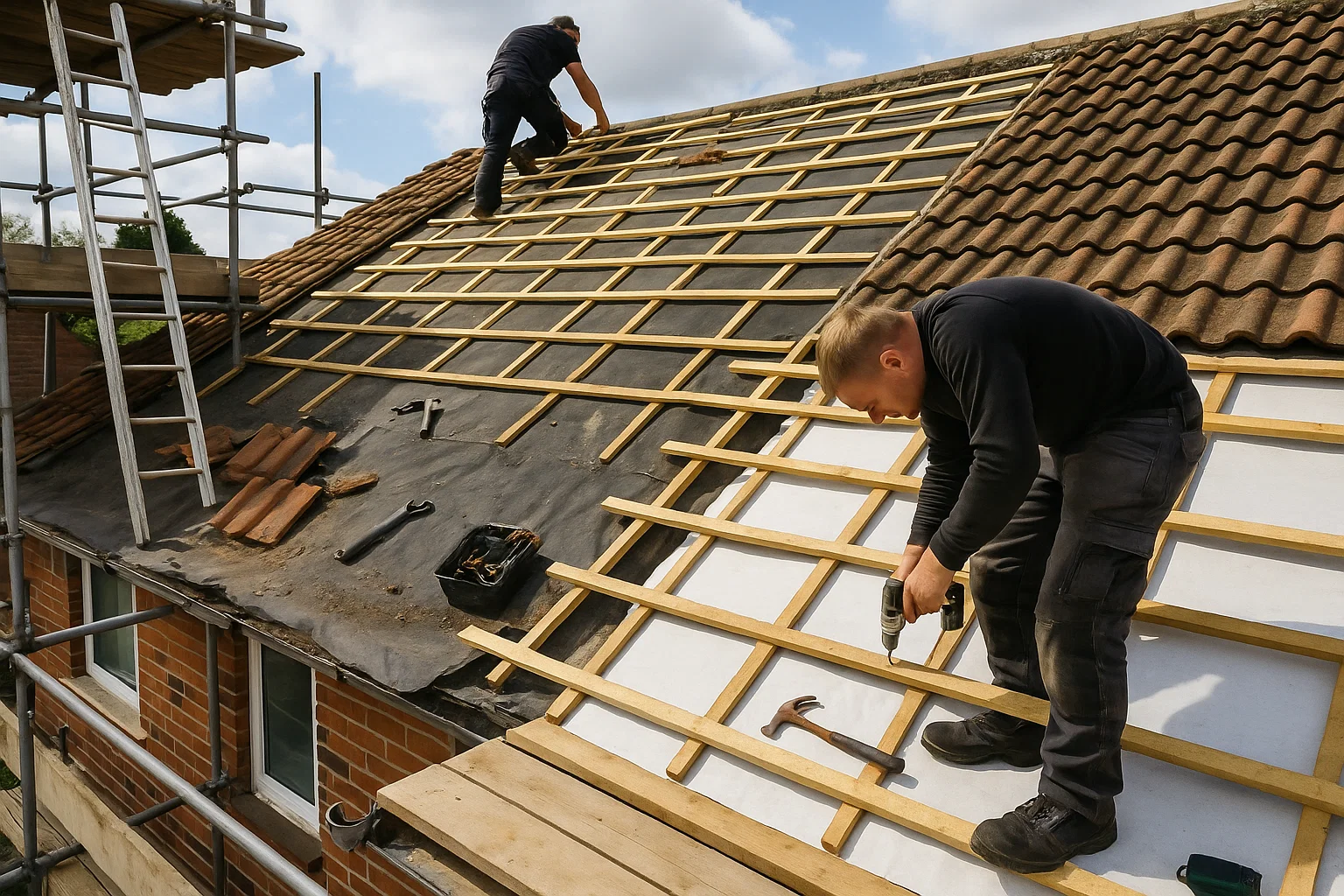 Roofersreplacing old tiles and fitting new insulation during a roof replacement project in Manchester.