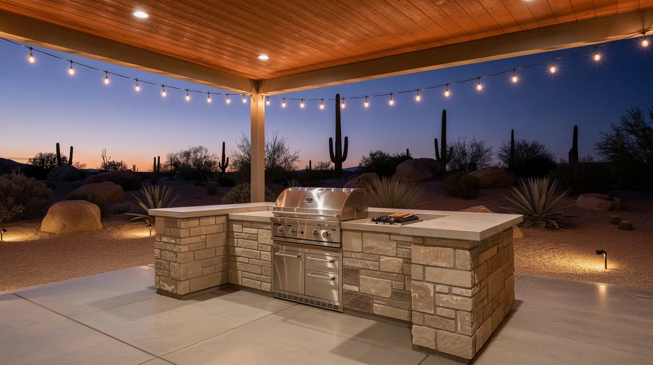The image depicts a stylish outdoor kitchen island featuring a built-in grill, situated under a covered patio adorned with twinkling string lights. In the background, desert landscaping enhances the outdoor living experience, creating a cozy atmosphere at dusk for Phoenix homeowners.