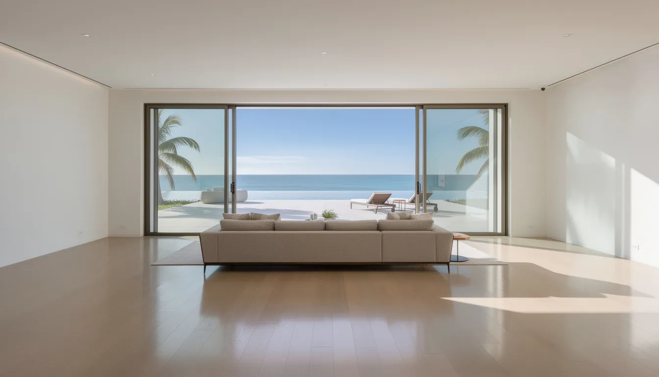 A spacious living room features open sliders that provide an unobstructed view of an outdoor patio adorned with palm trees and the ocean in the distance, creating an ideal setting for social gatherings and outdoor events. This beautiful space, perfect for hosting birthday parties or corporate functions, seamlessly blends indoor and outdoor areas for an unforgettable experience.