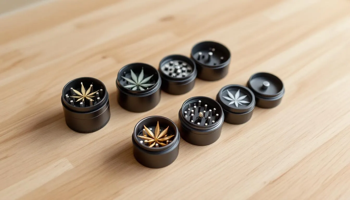 An assortment of custom weed grinders displayed on a wooden surface.