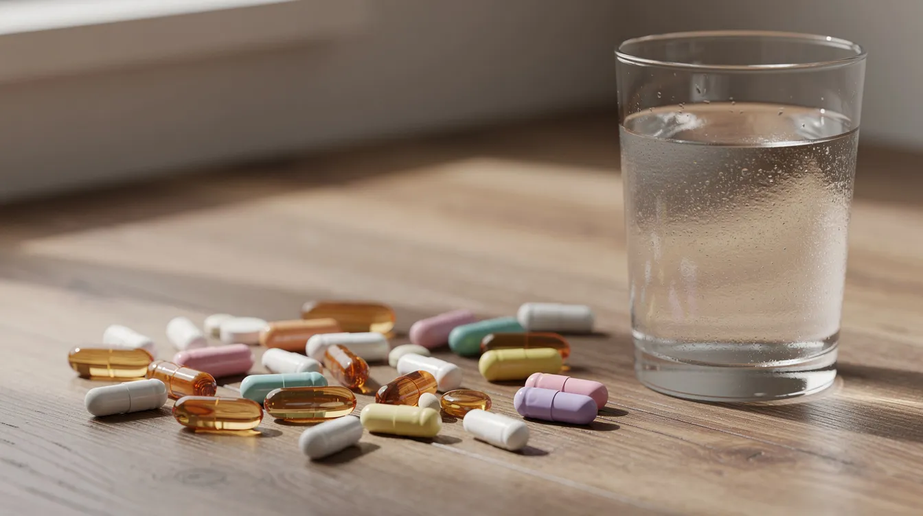 The image features an assortment of supplement capsules, including herbal remedies like horny goat weed and l-arginine, arranged neatly on a wooden surface beside a glass of water. This setup suggests a focus on improving sexual function and erectile health, potentially aiding those dealing with erectile dysfunction or related health conditions.
