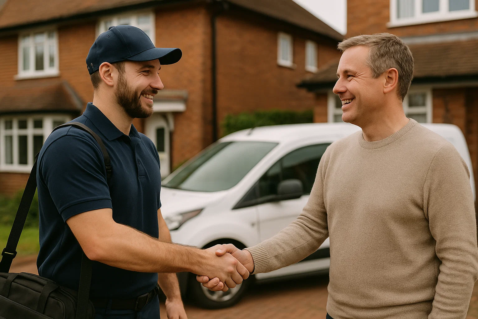 Local heating engineer shaking hands with a homeowner after explaining W-Heat’s aftercare plan.
